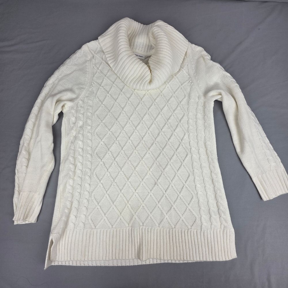 Cable Knit Cowl Neck Sweater White Size Large Coastal Casual Fisherman Basics